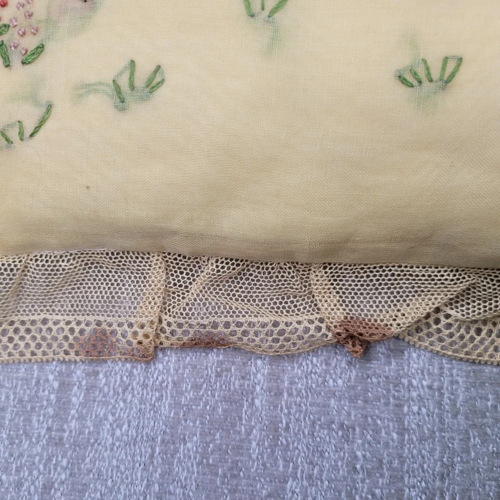Vintage Embroidery Pillow with Lace Edges 12x12 Shabby Chic Cottagecore‎ Yellow